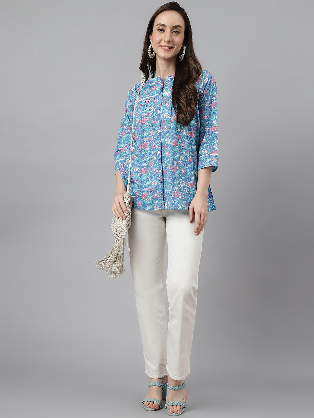 Janasya Women's Blue Cotton Botanical Print Casual Empire Top