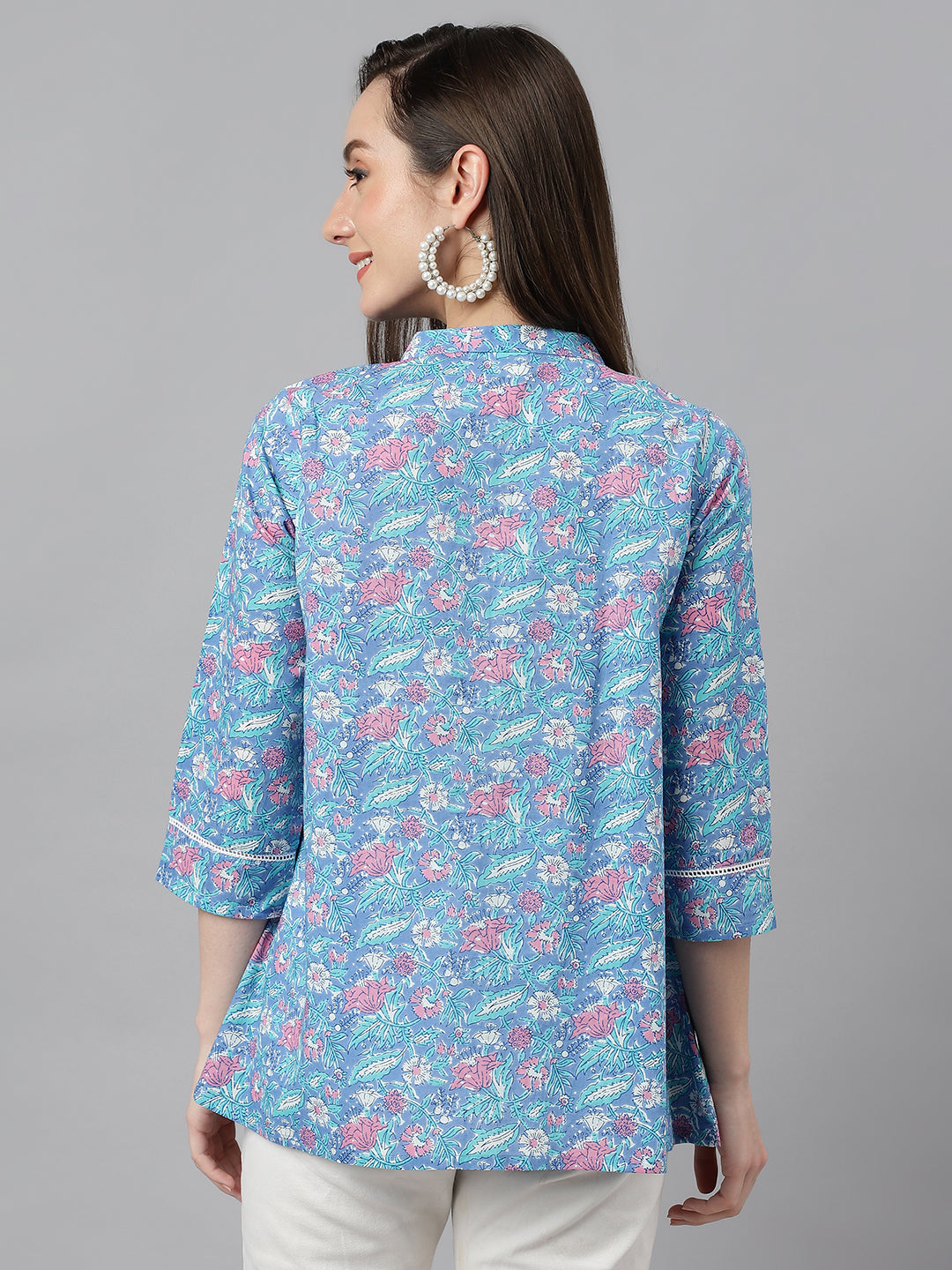 Janasya Women's Blue Cotton Botanical Print Casual Empire Top