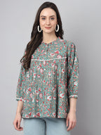 Janasya Women's Green Cotton Botanical Print Casual Empire Top