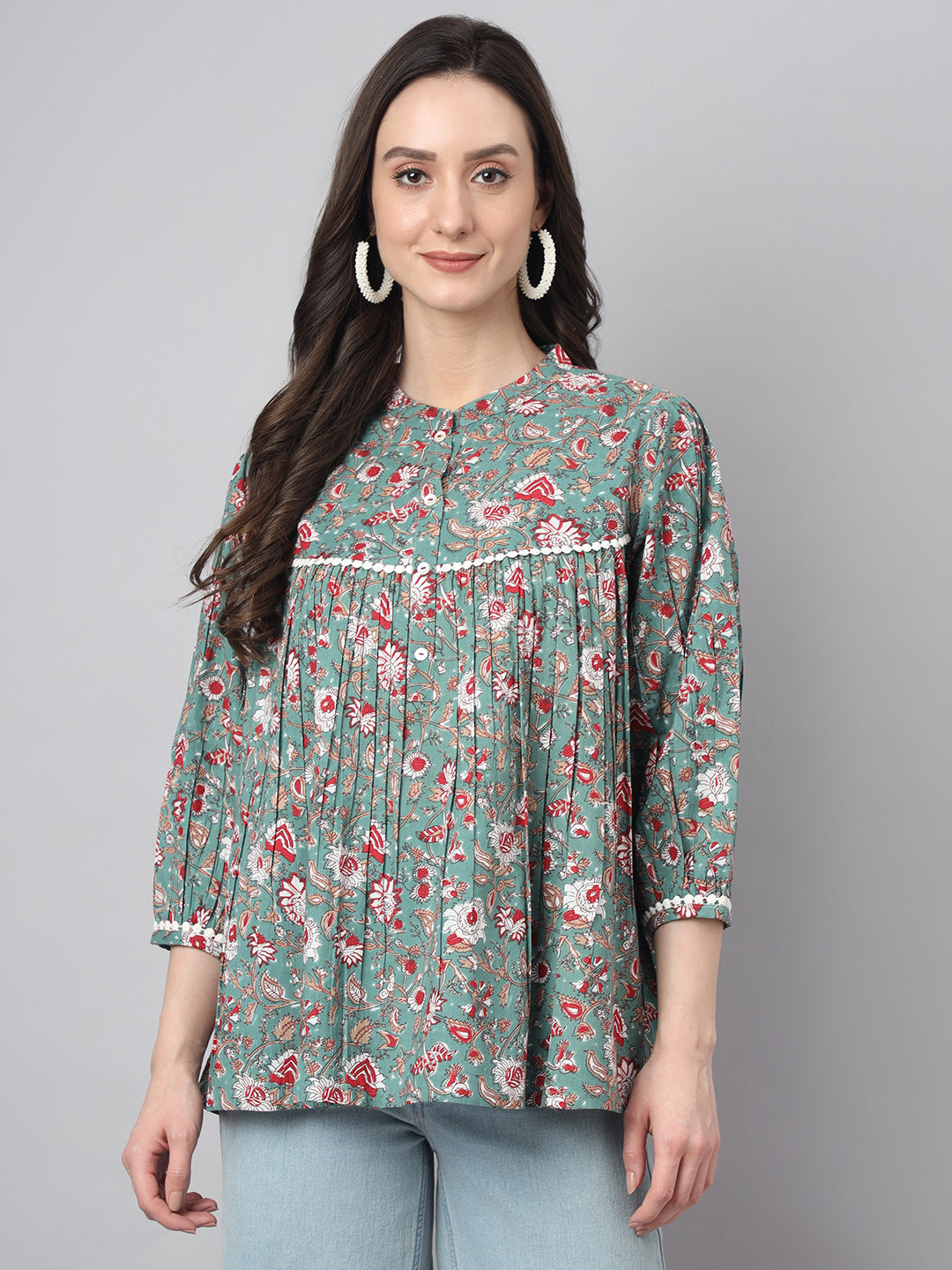 Janasya Women's Green Cotton Botanical Print Casual Empire Top