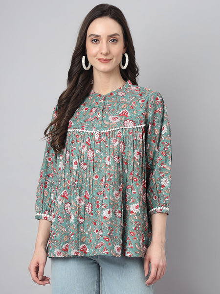 Janasya Women's Green Cotton Botanical Print Casual Empire Top