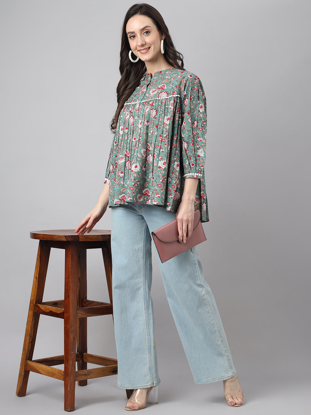 Janasya Women's Green Cotton Botanical Print Casual Empire Top