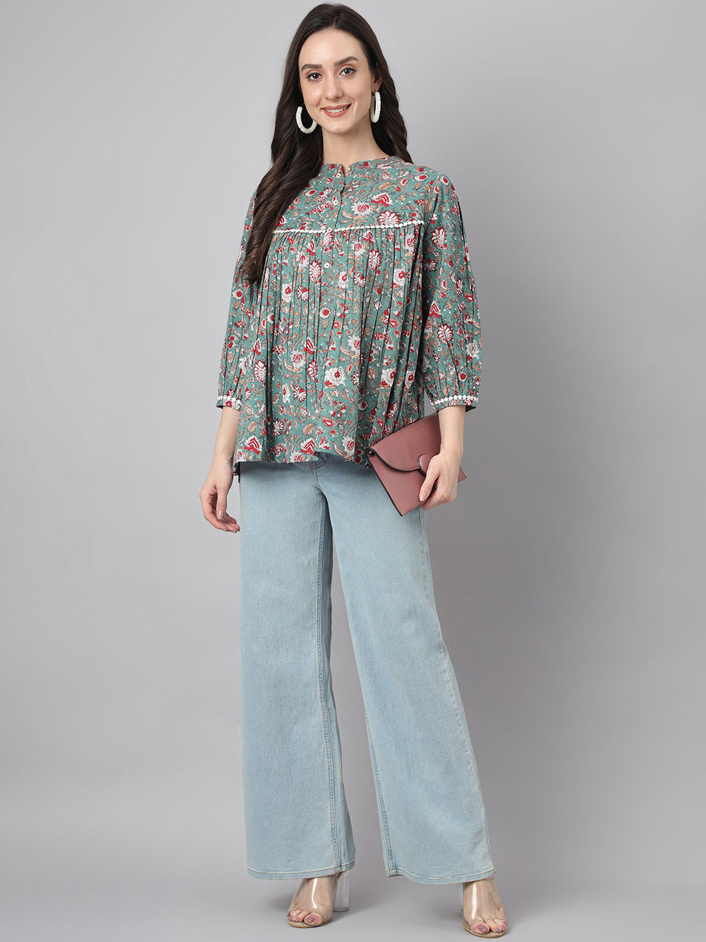 Janasya Women's Green Cotton Botanical Print Casual Empire Top