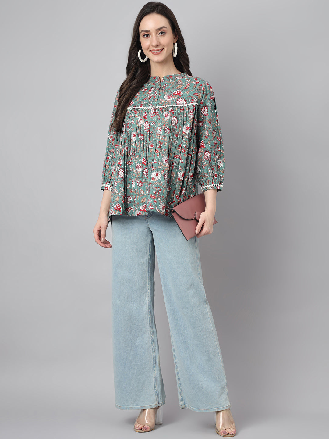 Janasya Women's Green Cotton Botanical Print Casual Empire Top
