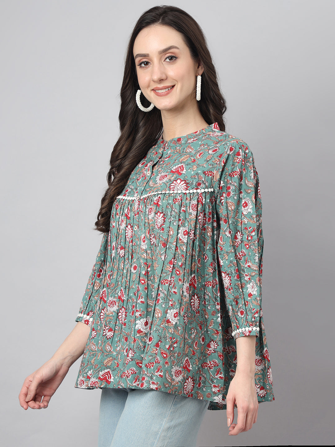 Janasya Women's Green Cotton Botanical Print Casual Empire Top