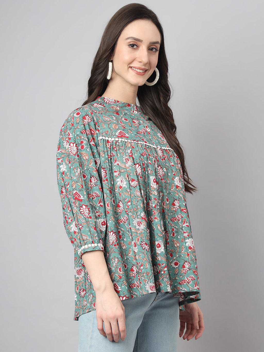 Janasya Women's Green Cotton Botanical Print Casual Empire Top