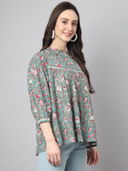 Janasya Women's Green Cotton Botanical Print Casual Empire Top