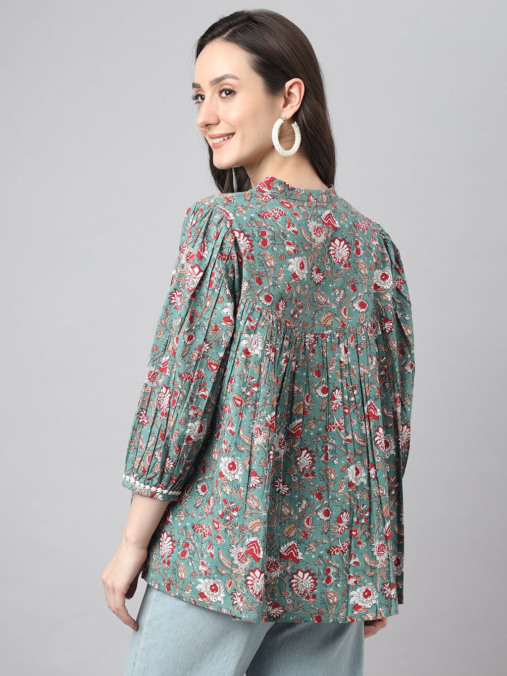 Janasya Women's Green Cotton Botanical Print Casual Empire Top