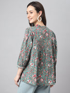 Janasya Women's Green Cotton Botanical Print Casual Empire Top