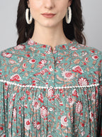 Janasya Women's Green Cotton Botanical Print Casual Empire Top
