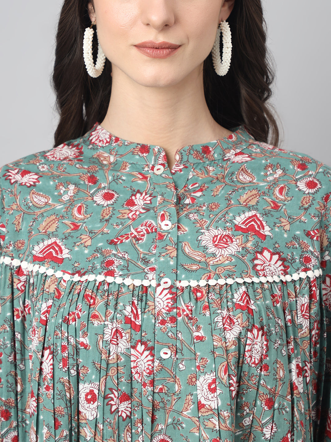 Janasya Women's Green Cotton Botanical Print Casual Empire Top