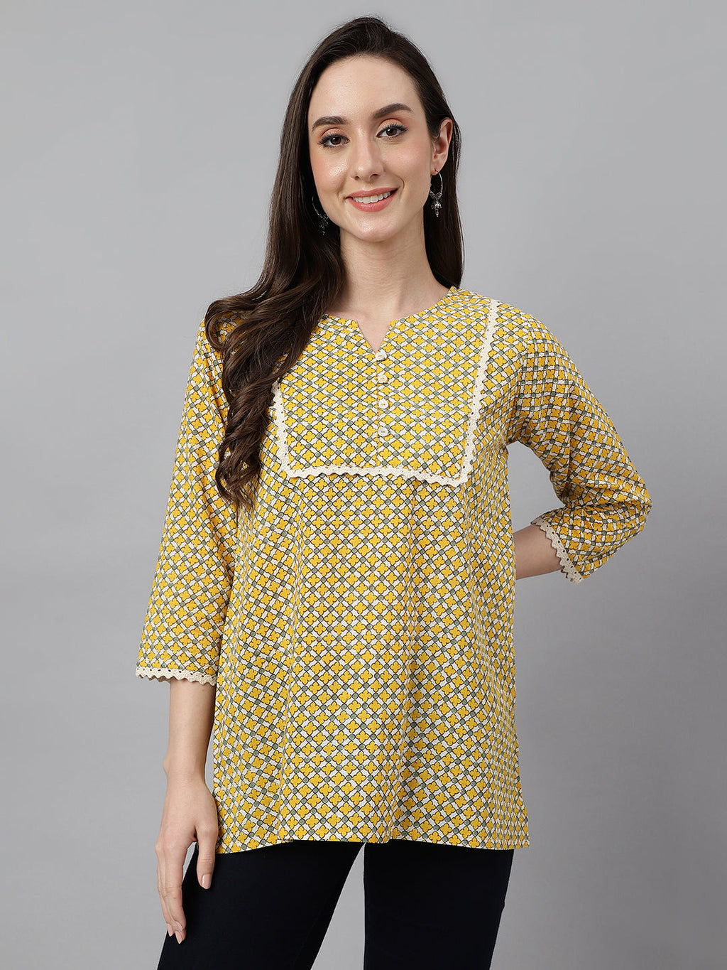 Janasya Women's Mustard Cotton Ethnic Motifs Casual Regular Top