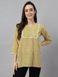Janasya Women's Mustard Cotton Ethnic Motifs Casual Regular Top