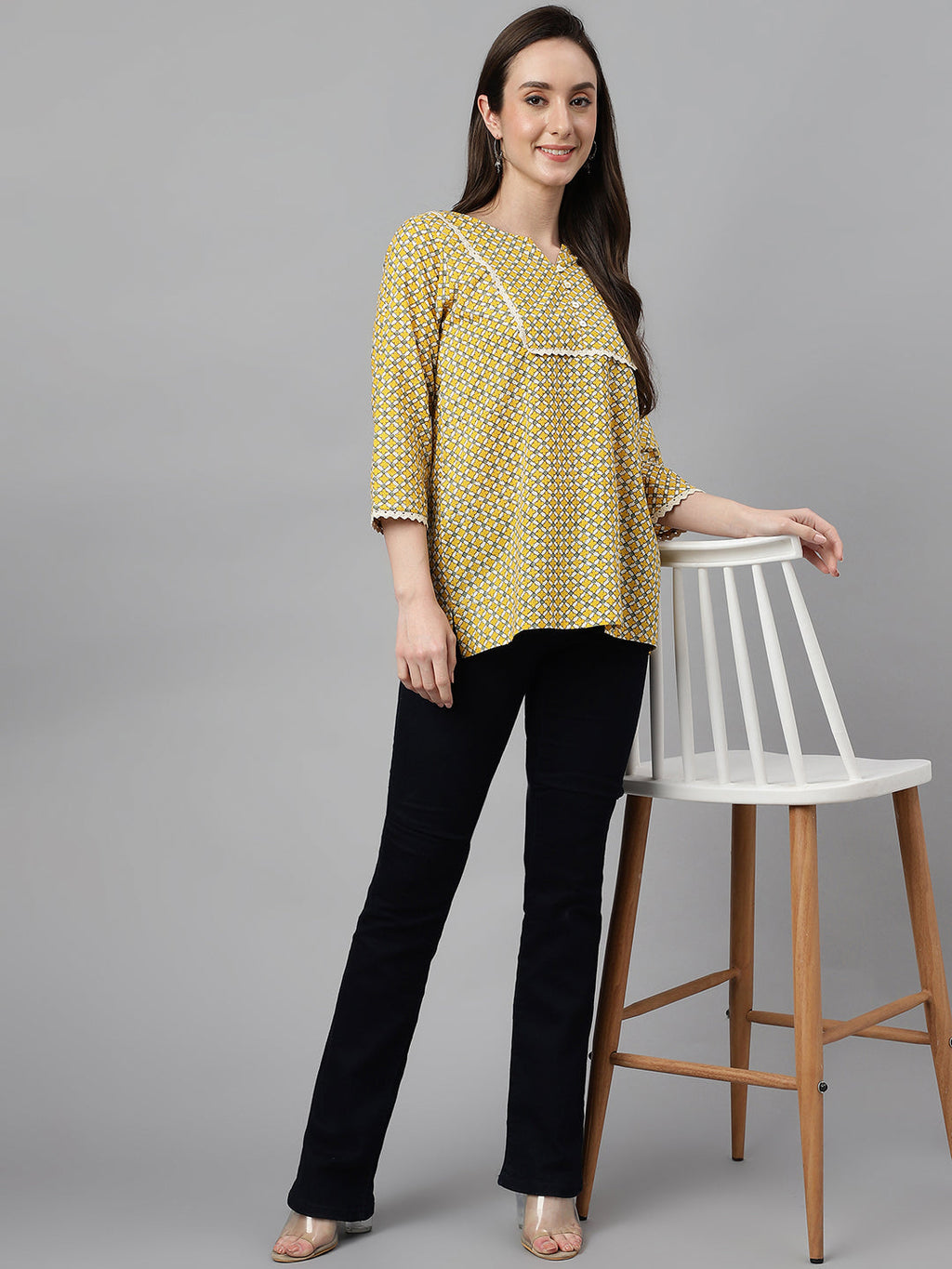 Janasya Women's Mustard Cotton Ethnic Motifs Casual Regular Top