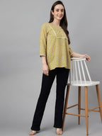 Janasya Women's Mustard Cotton Ethnic Motifs Casual Regular Top
