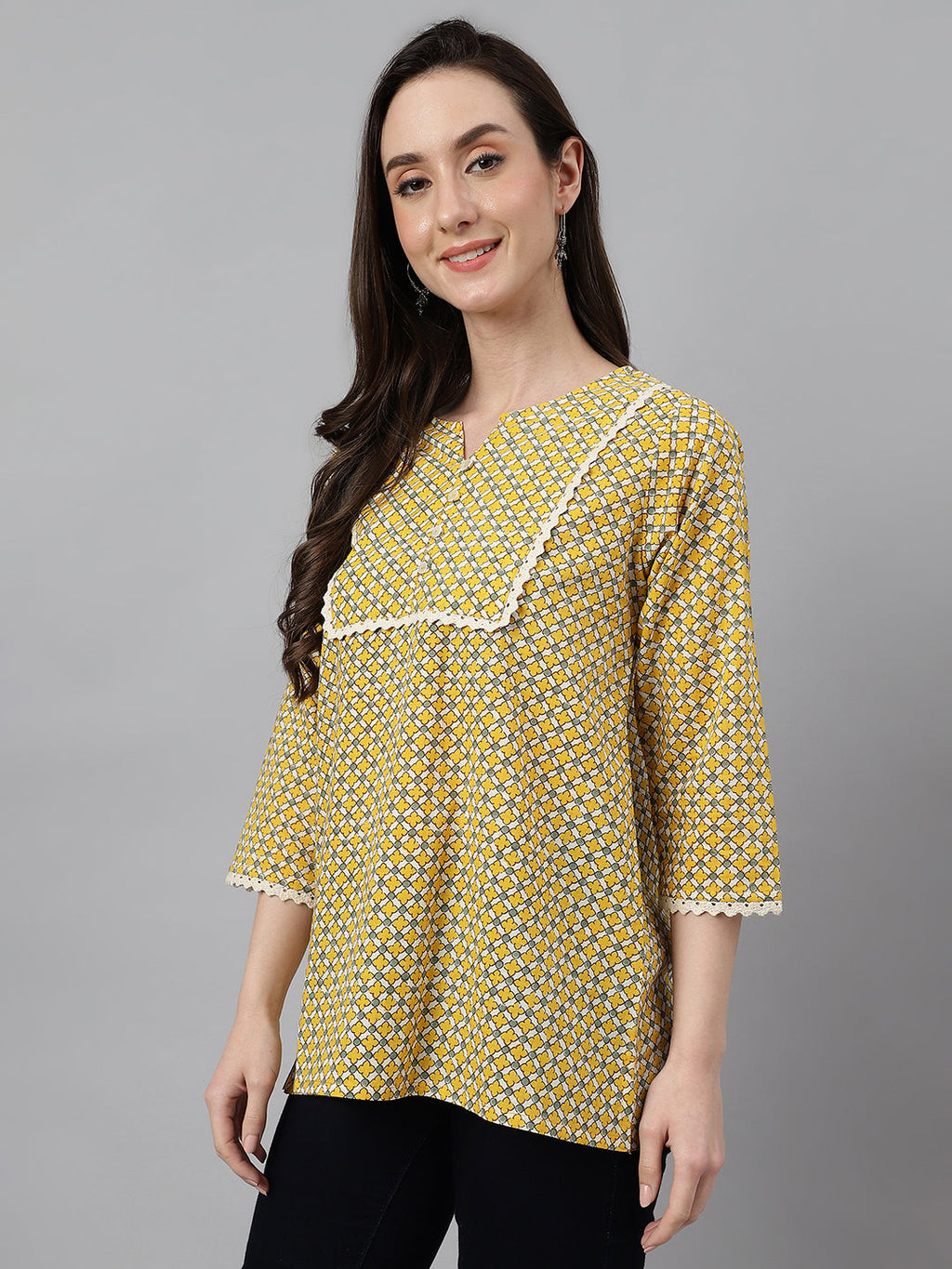 Janasya Women's Mustard Cotton Ethnic Motifs Casual Regular Top