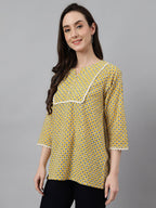 Janasya Women's Mustard Cotton Ethnic Motifs Casual Regular Top