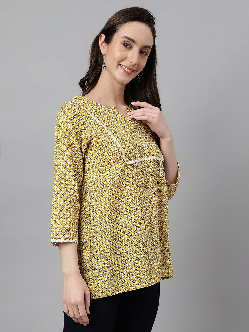 Janasya Women's Mustard Cotton Ethnic Motifs Casual Regular Top