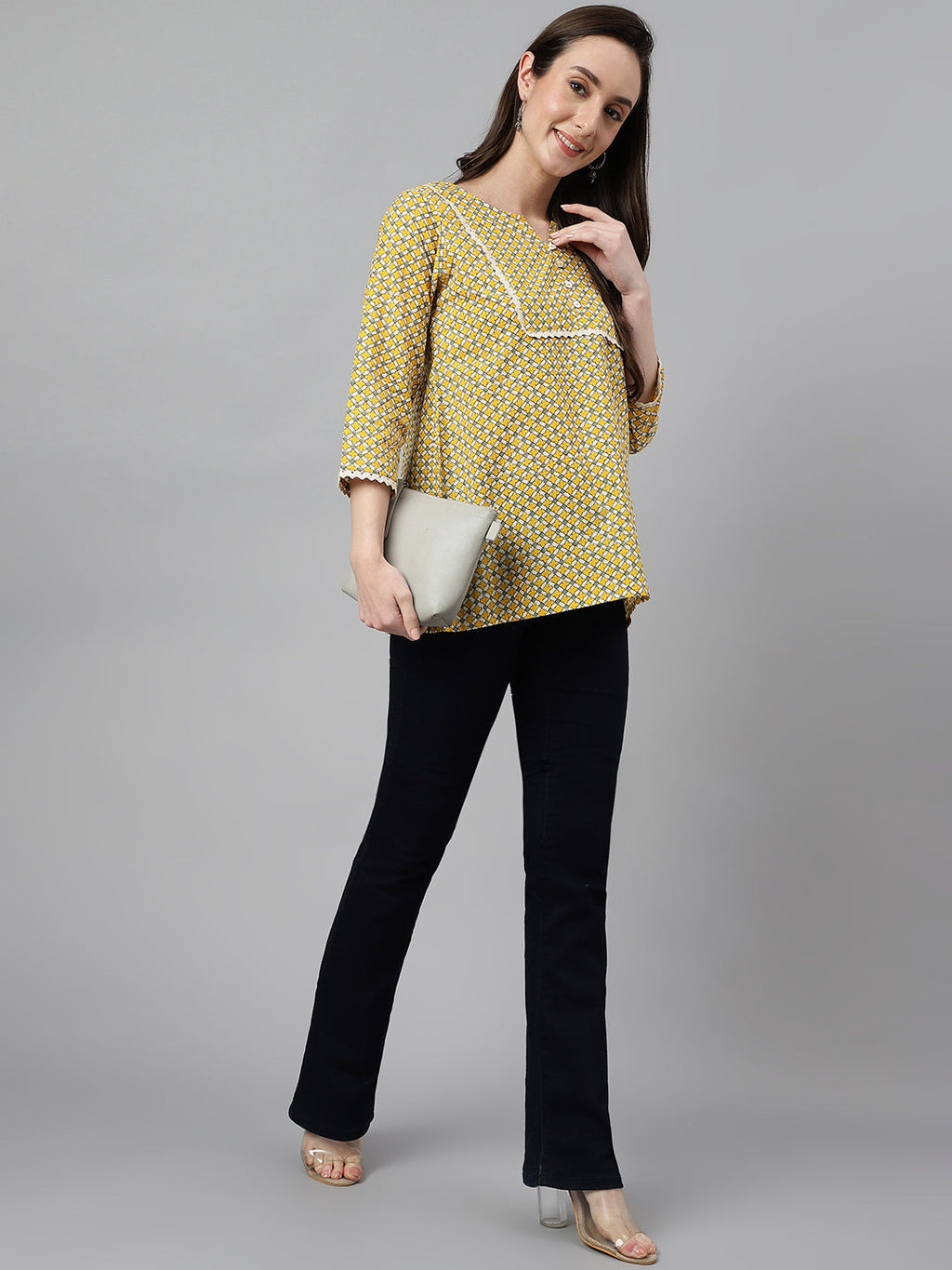 Janasya Women's Mustard Cotton Ethnic Motifs Casual Regular Top