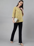 Janasya Women's Mustard Cotton Ethnic Motifs Casual Regular Top
