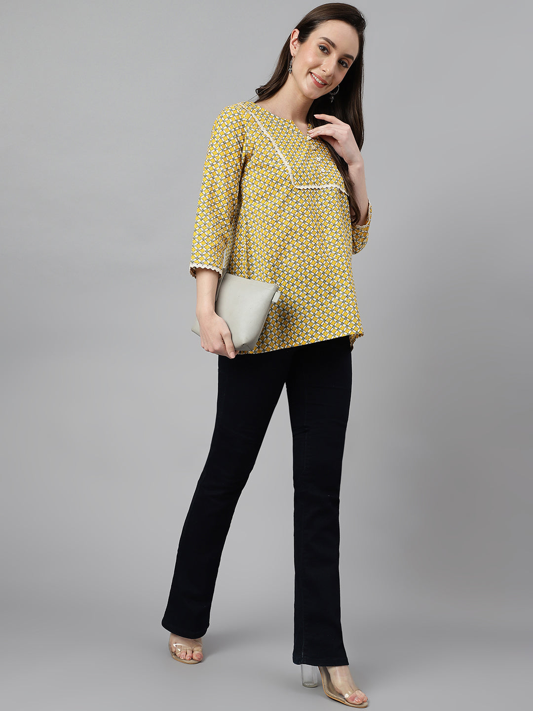 Janasya Women's Mustard Cotton Ethnic Motifs Casual Regular Top