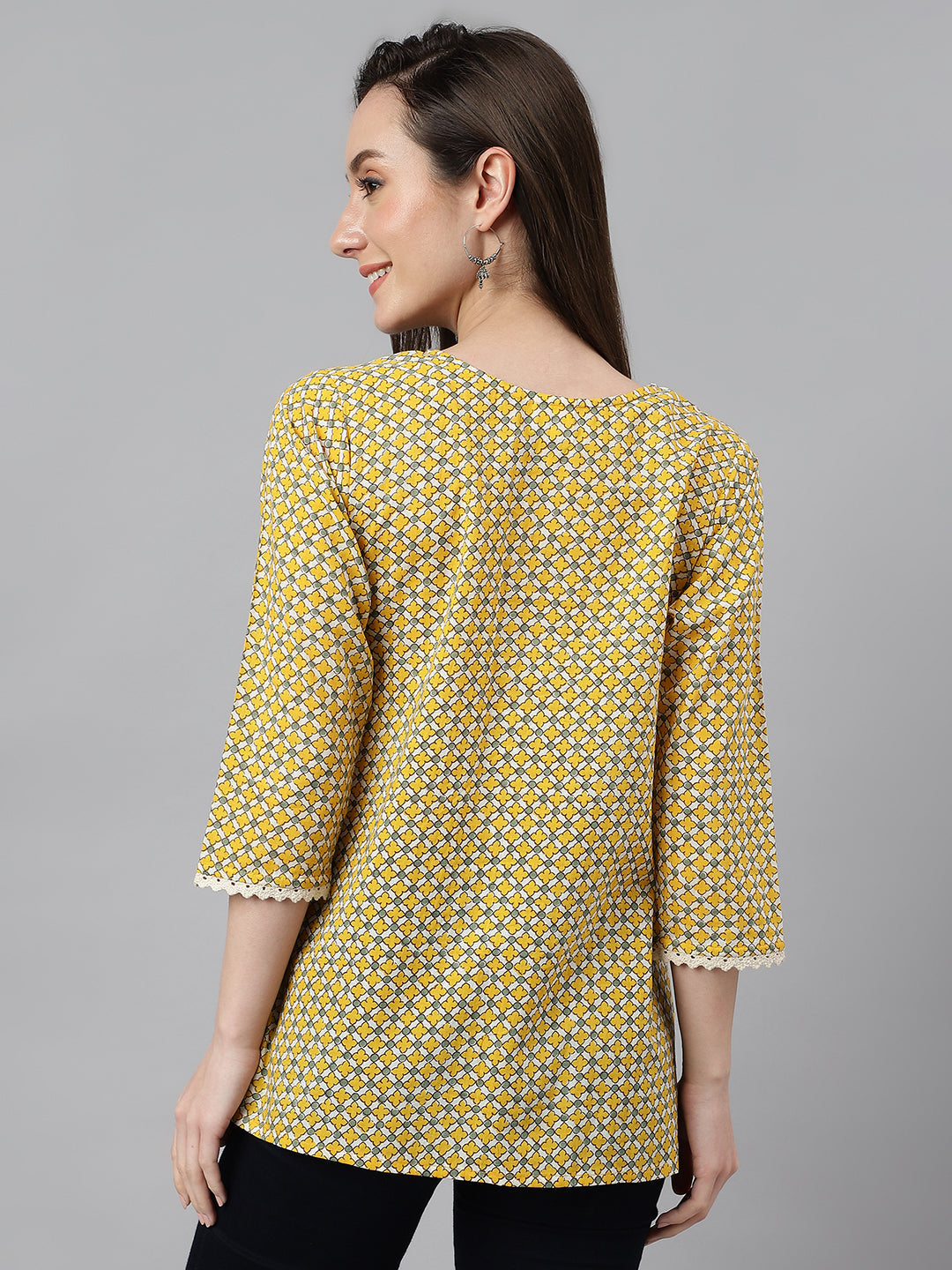 Janasya Women's Mustard Cotton Ethnic Motifs Casual Regular Top