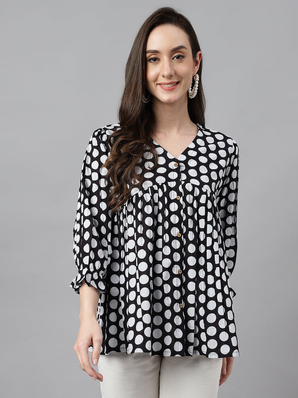 Janasya Women's Black Cotton Polka Print Casual Peplum Top