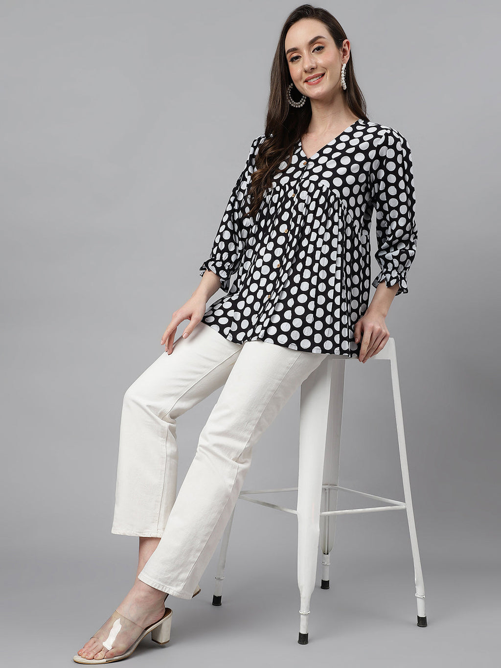 Janasya Women's Black Cotton Polka Print Casual Peplum Top