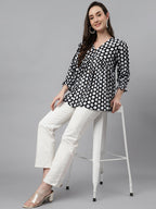 Janasya Women's Black Cotton Polka Print Casual Peplum Top