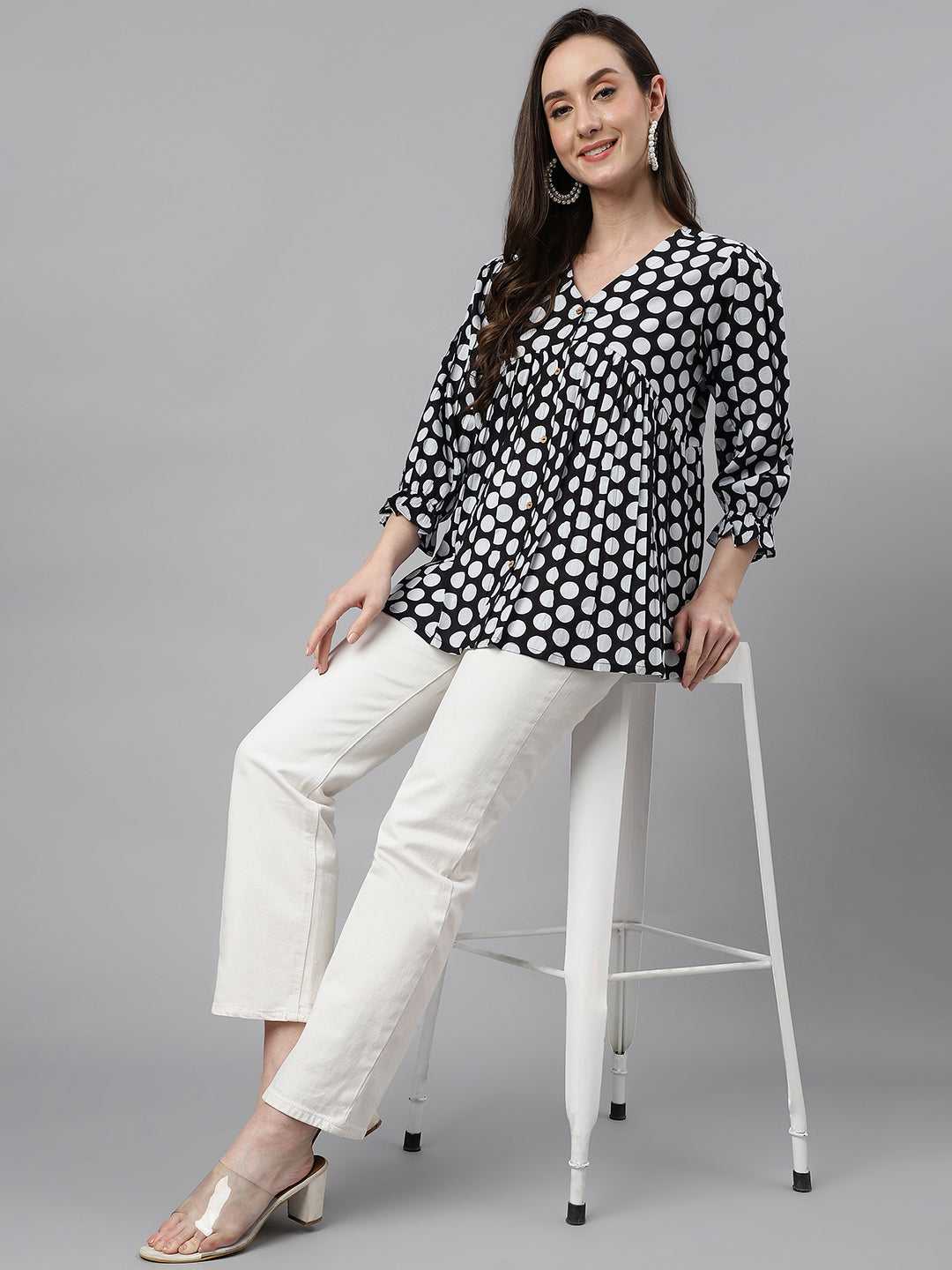 Janasya Women's Black Cotton Polka Print Casual Peplum Top