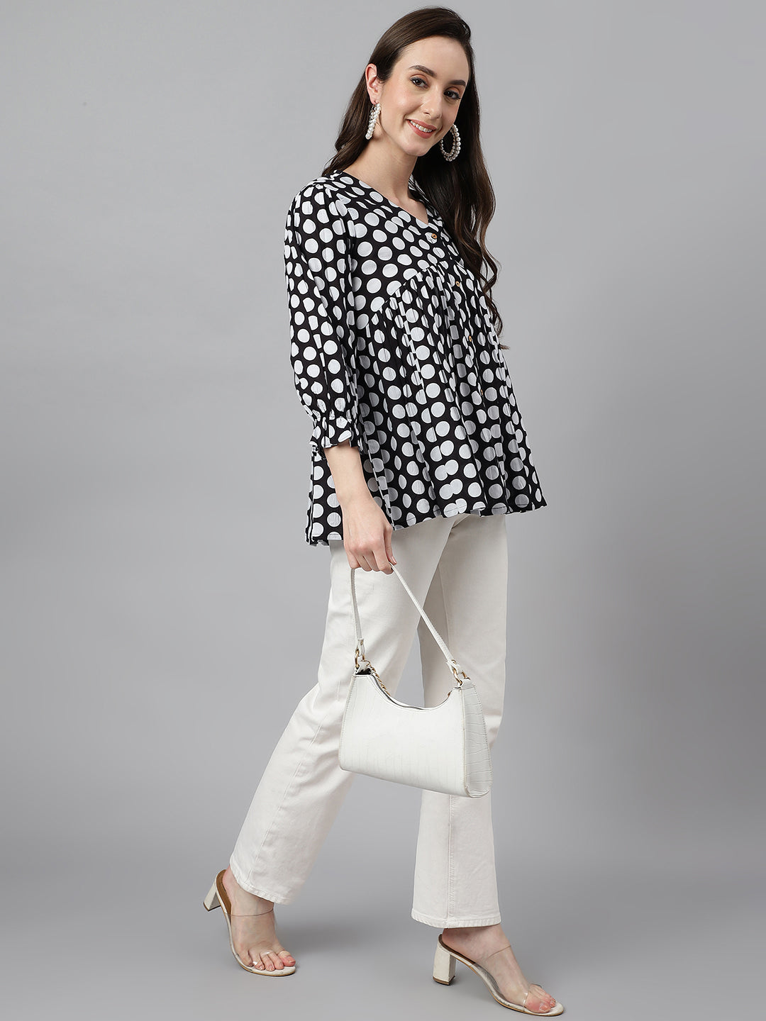 Janasya Women's Black Cotton Polka Print Casual Peplum Top