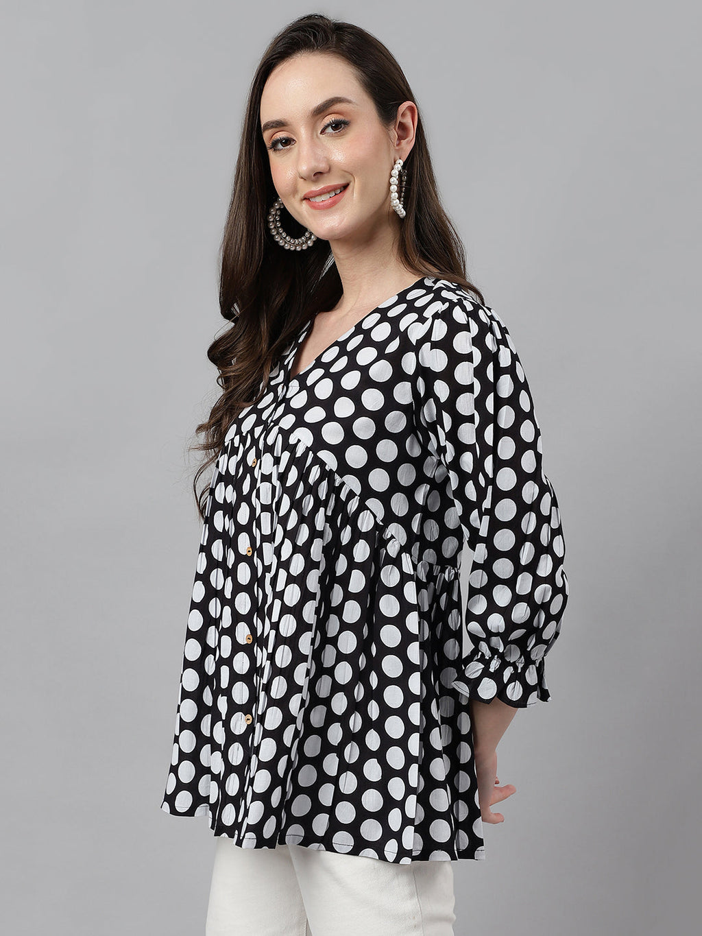 Janasya Women's Black Cotton Polka Print Casual Peplum Top