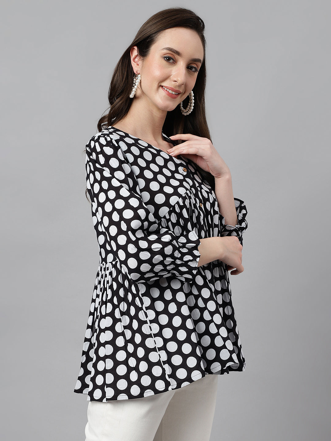 Janasya Women's Black Cotton Polka Print Casual Peplum Top