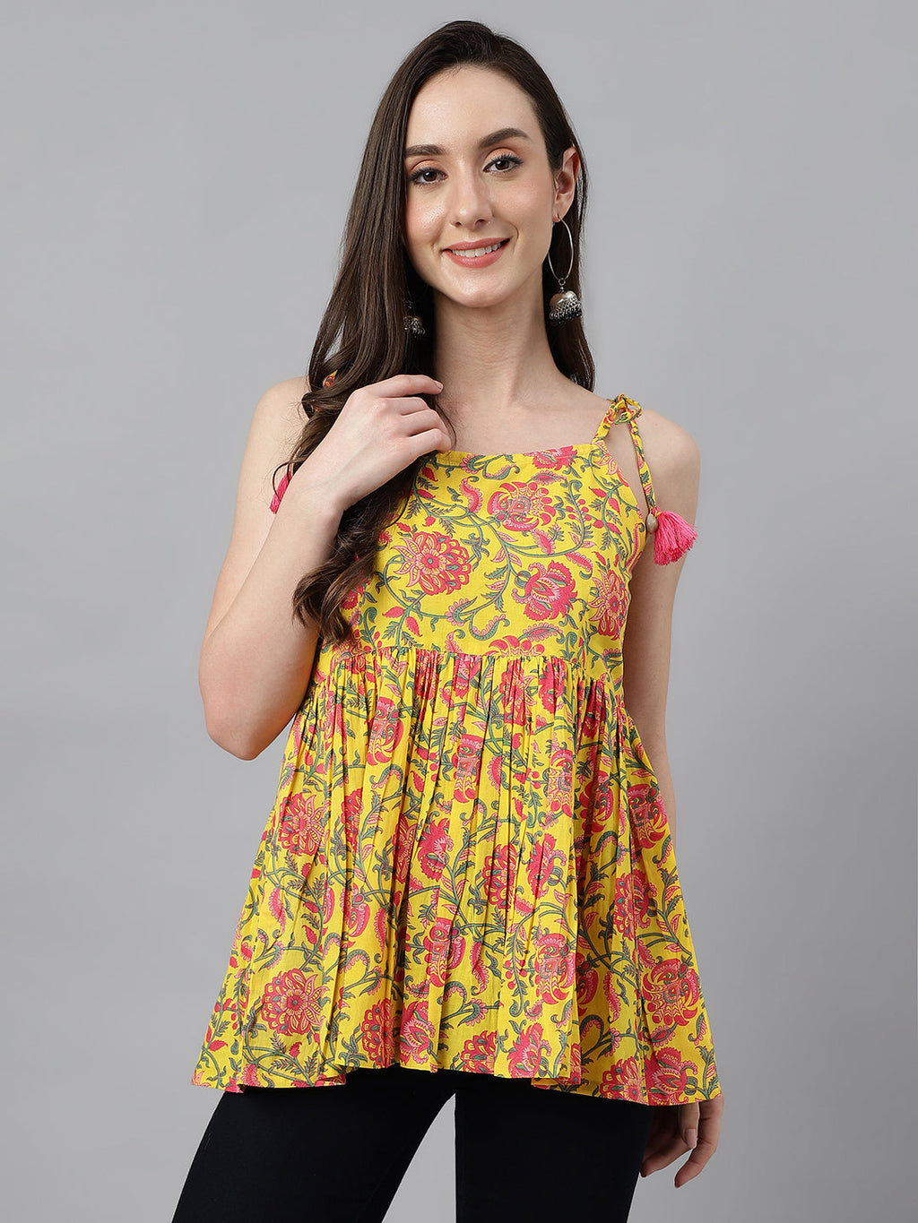 Janasya Women's Yellow Cotton Floral Print Casual Peplum Top