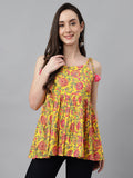 Janasya Women's Yellow Cotton Floral Print Casual Peplum Top