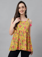 Janasya Women's Yellow Cotton Floral Print Casual Peplum Top