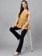Janasya Women's Yellow Cotton Floral Print Casual Peplum Top