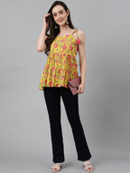 Janasya Women's Yellow Cotton Floral Print Casual Peplum Top