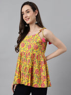Janasya Women's Yellow Cotton Floral Print Casual Peplum Top