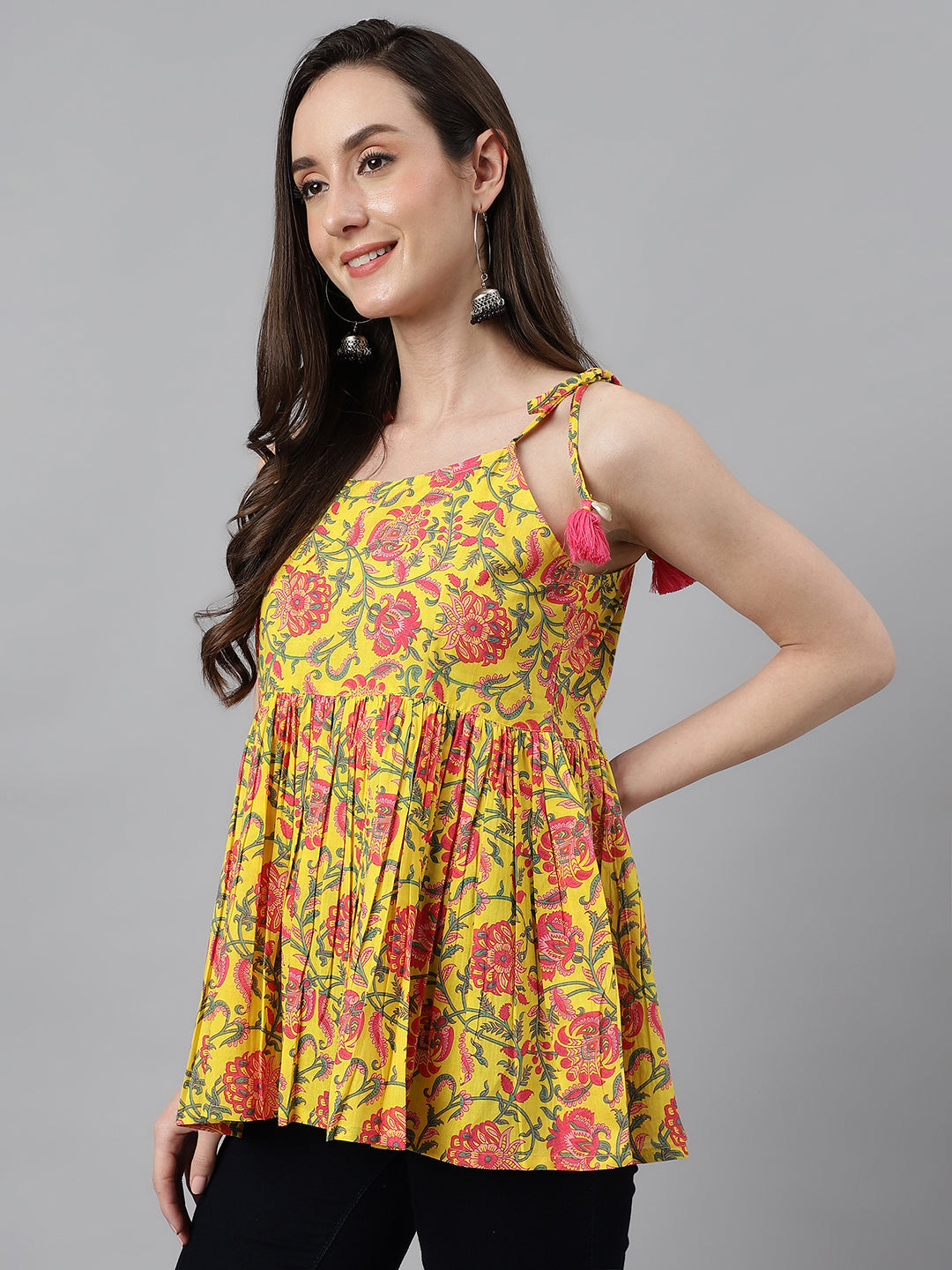 Janasya Women's Yellow Cotton Floral Print Casual Peplum Top