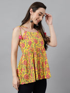 Janasya Women's Yellow Cotton Floral Print Casual Peplum Top