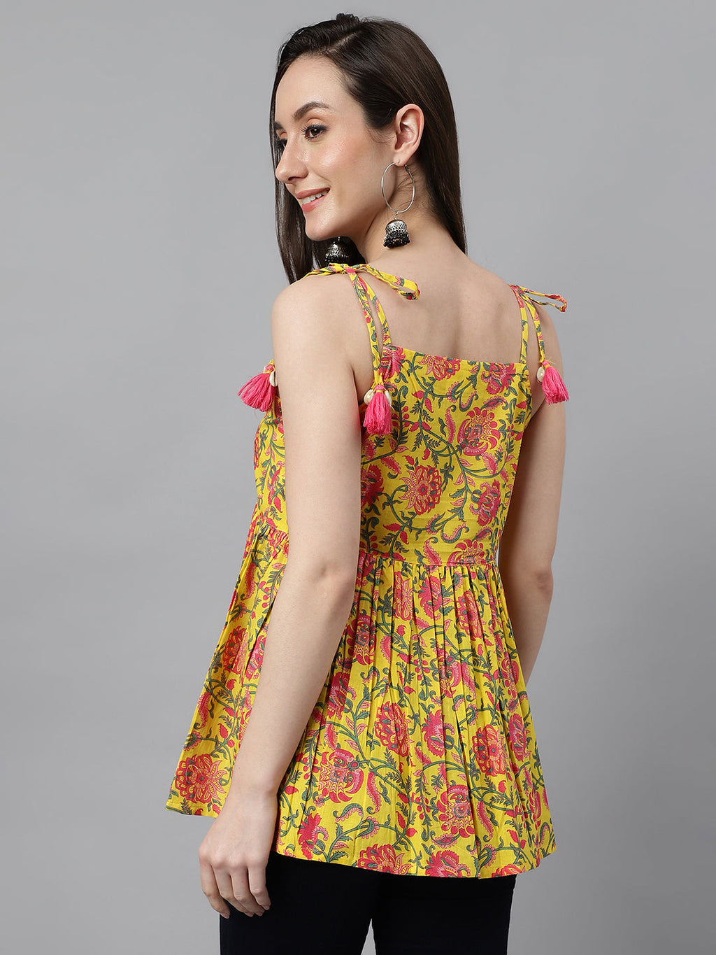 Janasya Women's Yellow Cotton Floral Print Casual Peplum Top