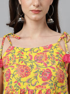 Janasya Women's Yellow Cotton Floral Print Casual Peplum Top