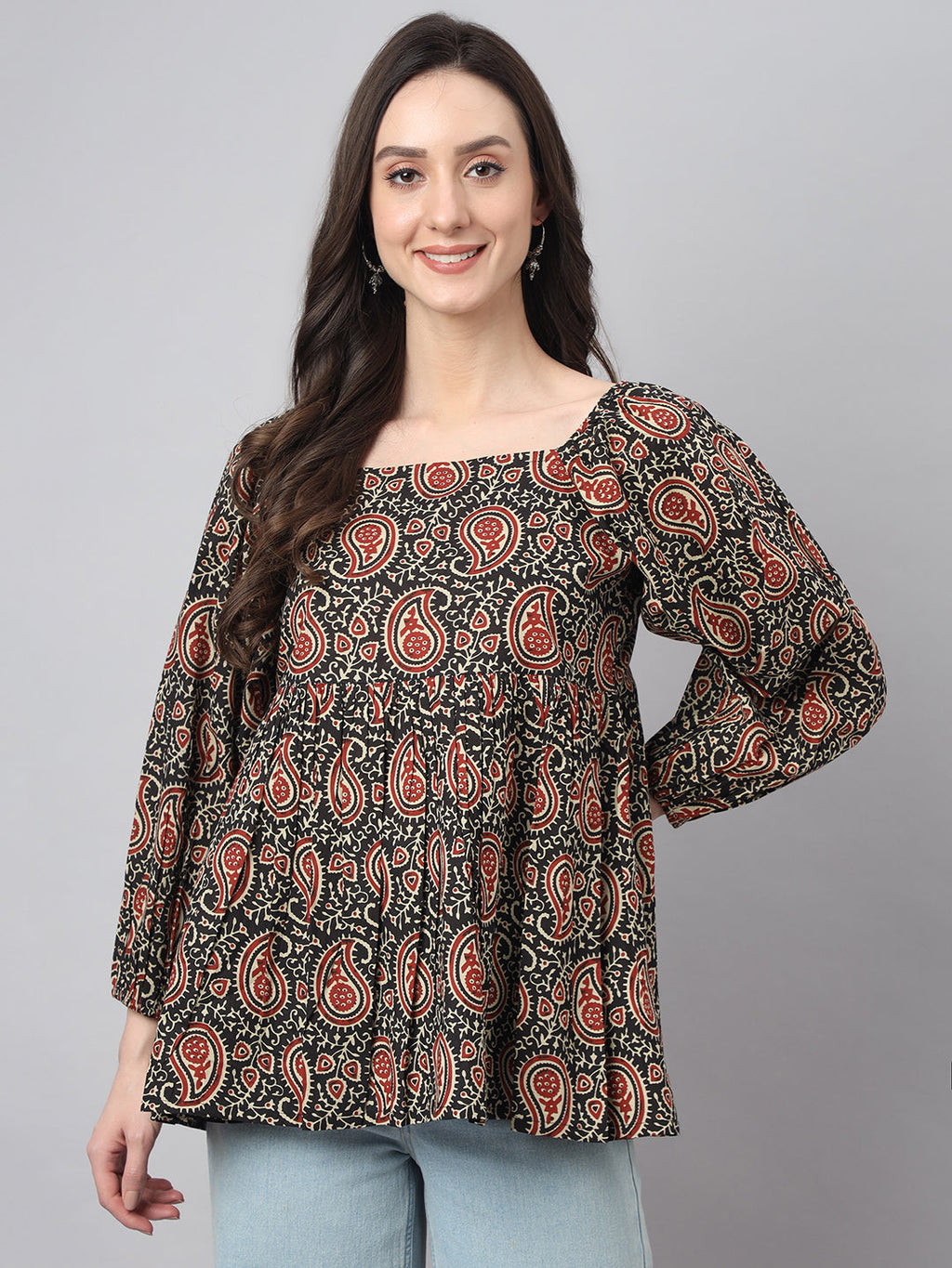 Janasya Women's Black Cotton Paisley Print Casual Gathered Top