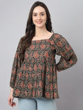 Janasya Women's Black Cotton Paisley Print Casual Gathered Top