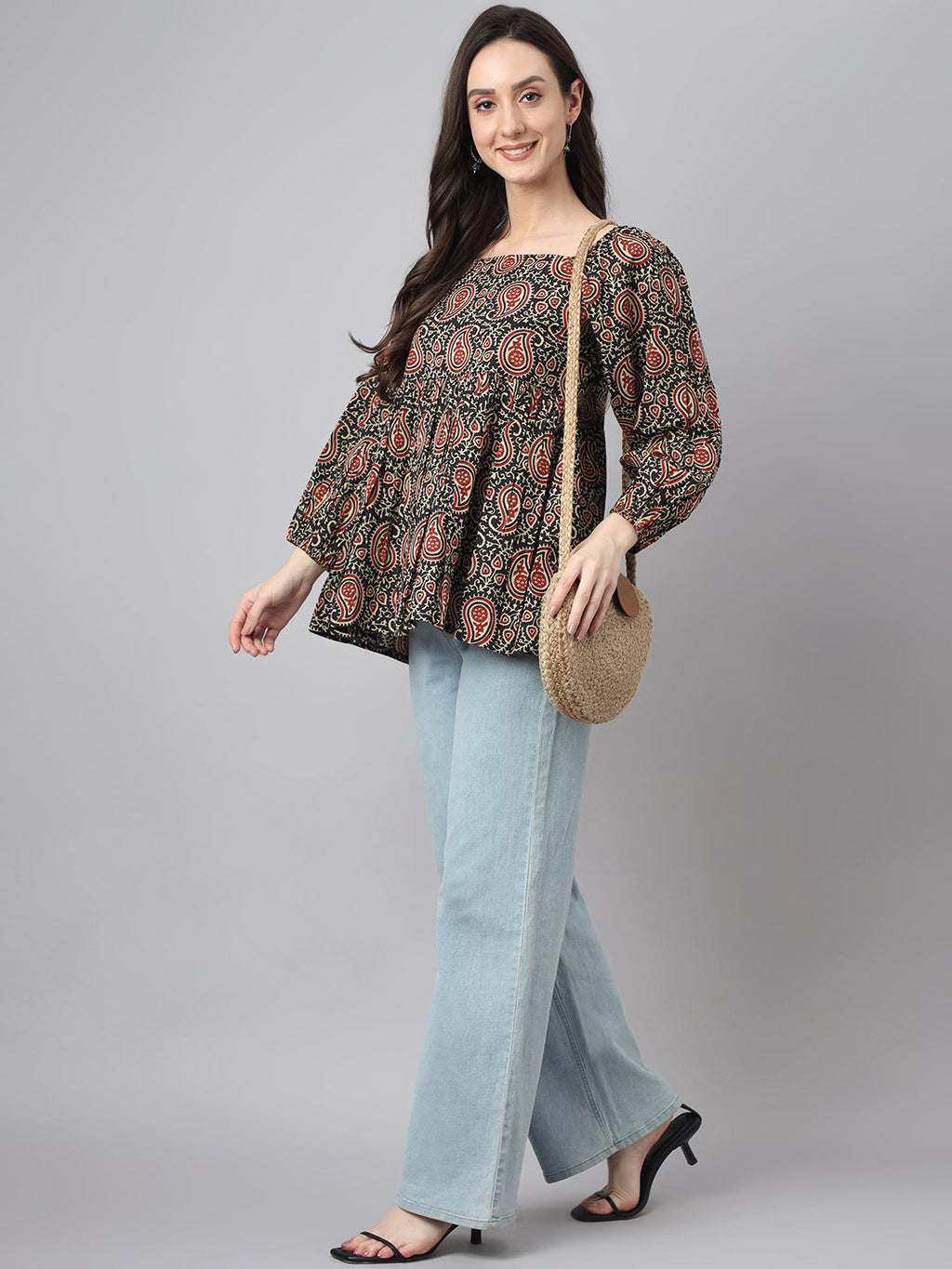 Janasya Women's Black Cotton Paisley Print Casual Gathered Top