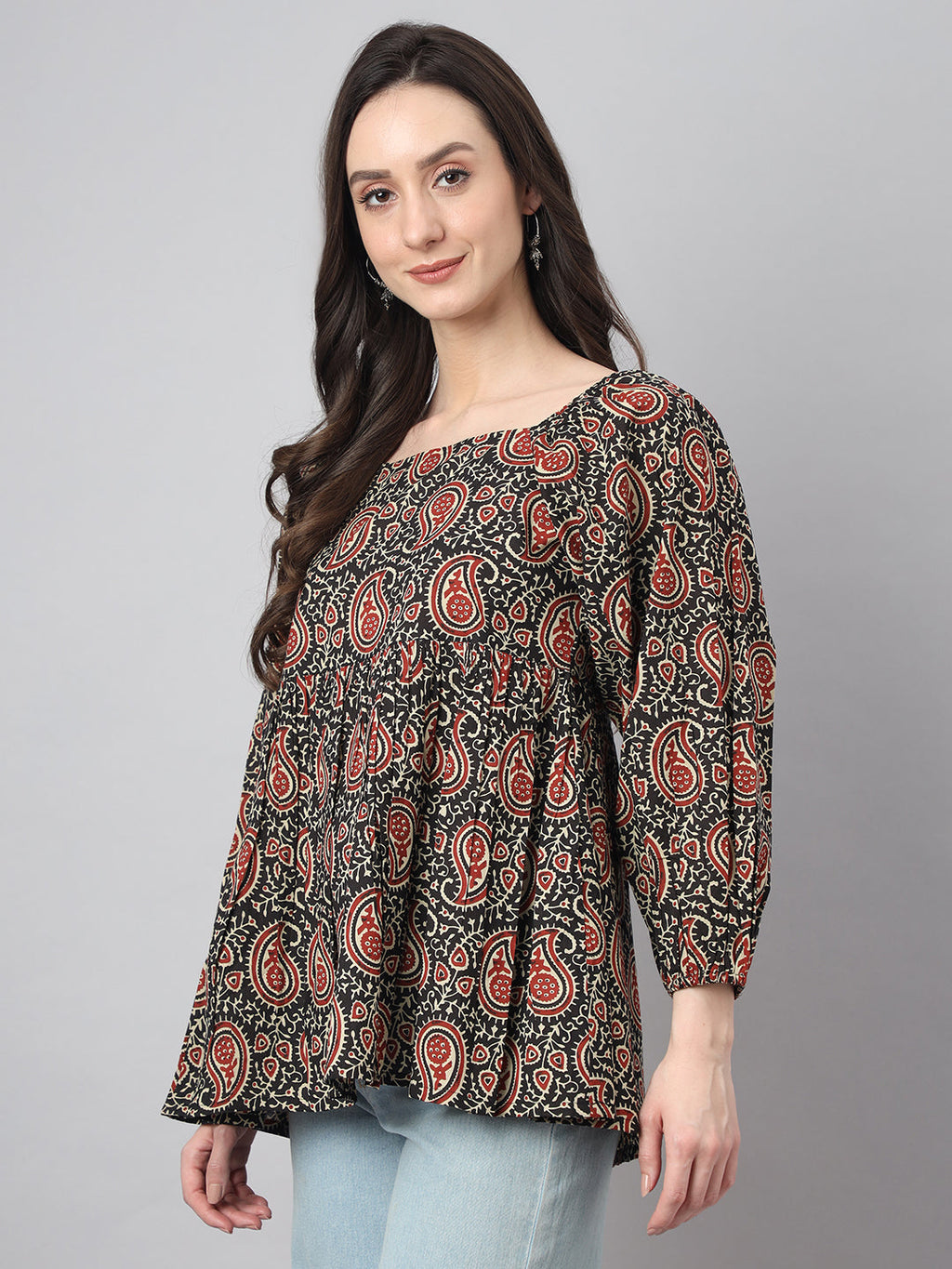 Janasya Women's Black Cotton Paisley Print Casual Gathered Top