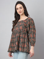 Janasya Women's Black Cotton Paisley Print Casual Gathered Top