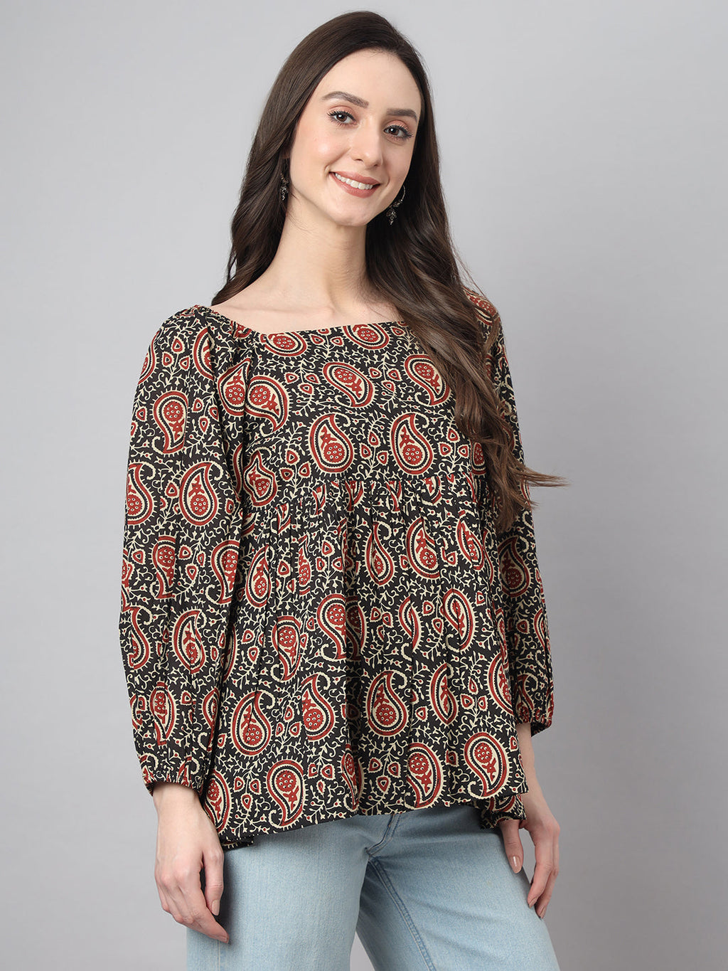 Janasya Women's Black Cotton Paisley Print Casual Gathered Top