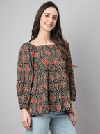 Janasya Women's Black Cotton Paisley Print Casual Gathered Top